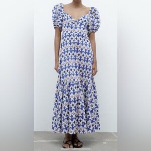 Zara Blue and White Patterned Midi Dress